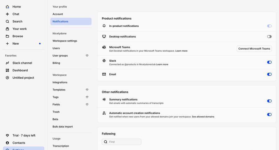 Dovetail
			 data management settings sidebar navigation user management account management user settings workspace settings account settings notification management sidebar navigation bar modern analytics configuration screen ui page example