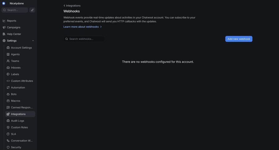 Chatwoot
			 integration management ui page example