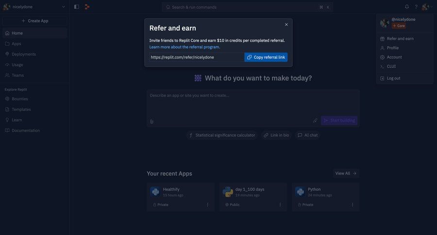 Replit
			home referral & invite your friends dashboard sidebar personal space ui page example