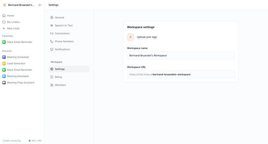 Lindy
			 configuration settings sidebar navigation form workspace settings workspace management sidebar configuration screen ui page example