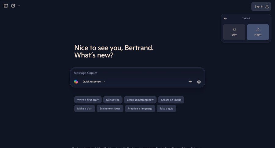 Copilot
			 artificial intelligence onboarding dark theme chat quick actions chat interface chatbot ui page example