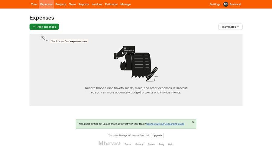 Harvest
			 project management onboarding finance expense management setup ui page example