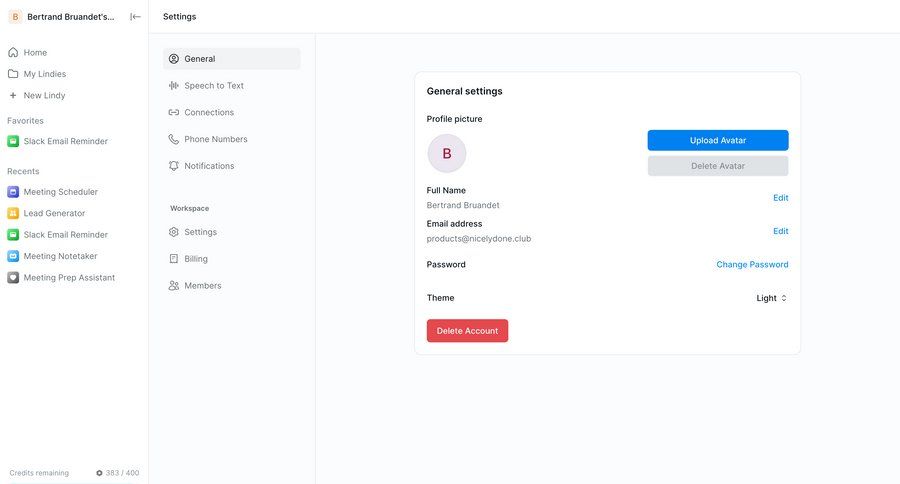Lindy
			profile settings account settings workspace settings security settings settings sidebar navigation account management form account setup workspace settings account settings account deletion user account profile management sidebar change password ui page example