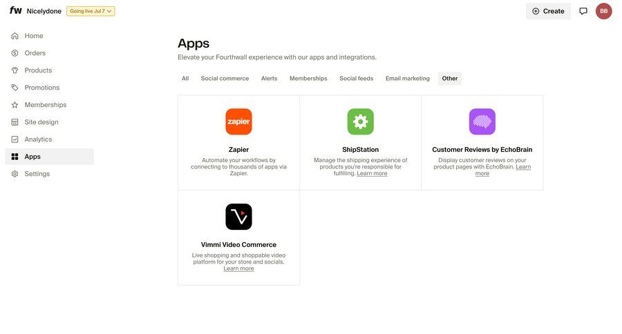 Fourthwall
			 e-commerce grid integration management ui page example