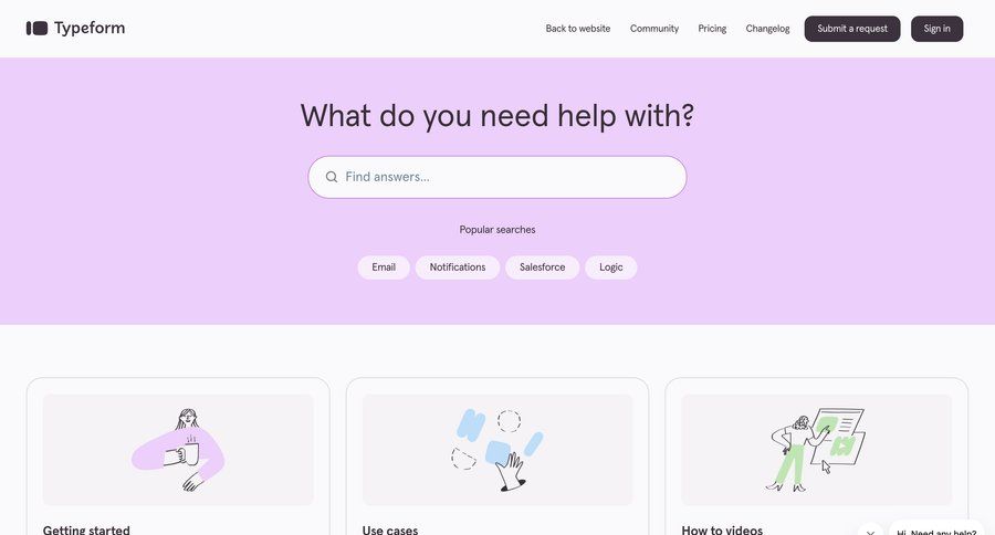 Typeform
				support / help center ui page example