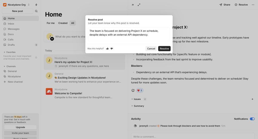 Campsite
			 modal screen team collaboration dashboard sidebar navigation project management modal interaction sidebar communication chat recent activity social feed newsfeed activity stream chat interface ui page example