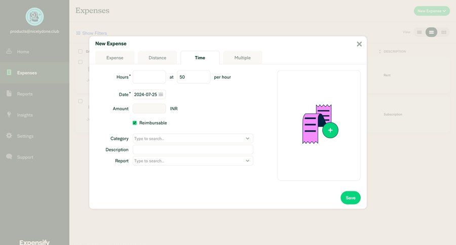 Expensify
			 modal screen sidebar navigation form finance data entry expense management modal finance sidebar date picker time tracking ui page example