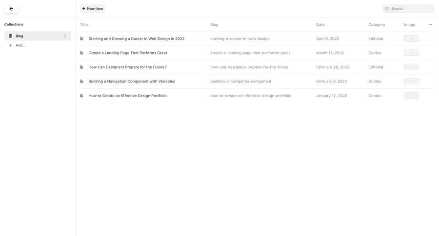 Framer
			 content management sidebar navigation blog management content management system sidebar table ui page example