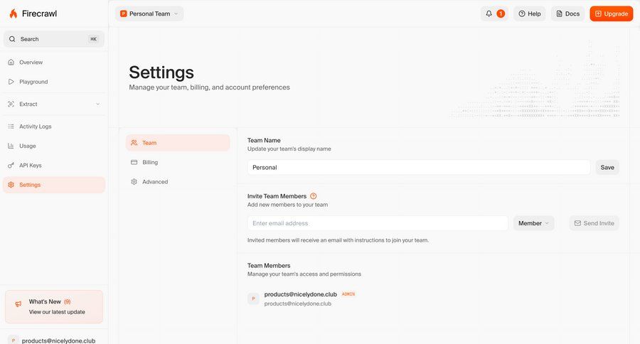 Firecrawl
			settings team invite teammate settings form account settings ui page example