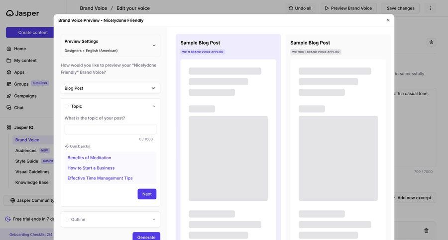 Jasper
			content editor brand resources artificial intelligence modal screen content management blog post ui page example