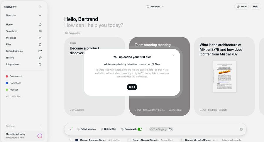 Sana
			 modal screen collaboration dashboard sidebar navigation onboarding file upload file management file upload modal rounded corners knowledge management empty state illustration sidebar blank state void blank non-ideal state empty page prompt upload file progress bar cards ui advanced search ui page example