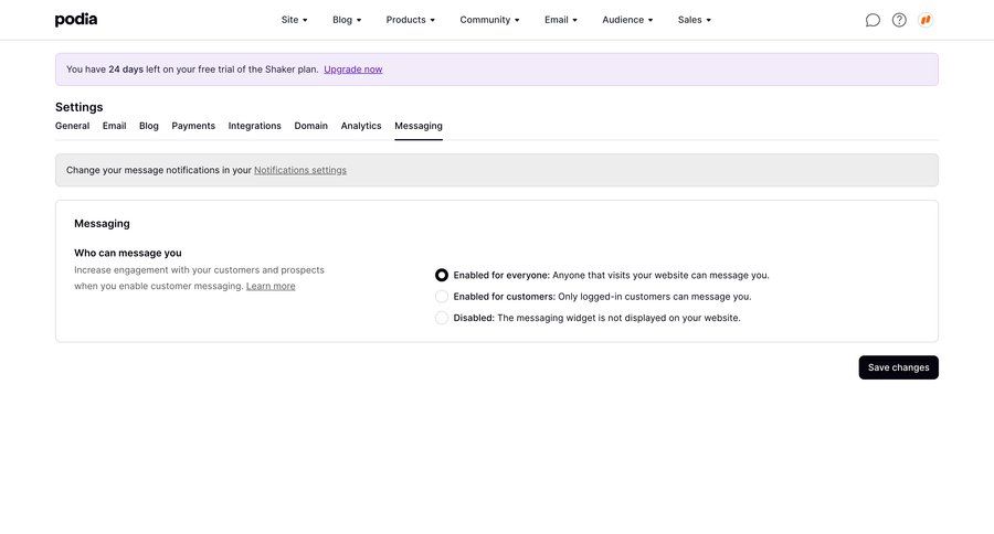 Podia
			 configuration settings e-commerce full-screen layout permission management save changes free trial permissions ui page example