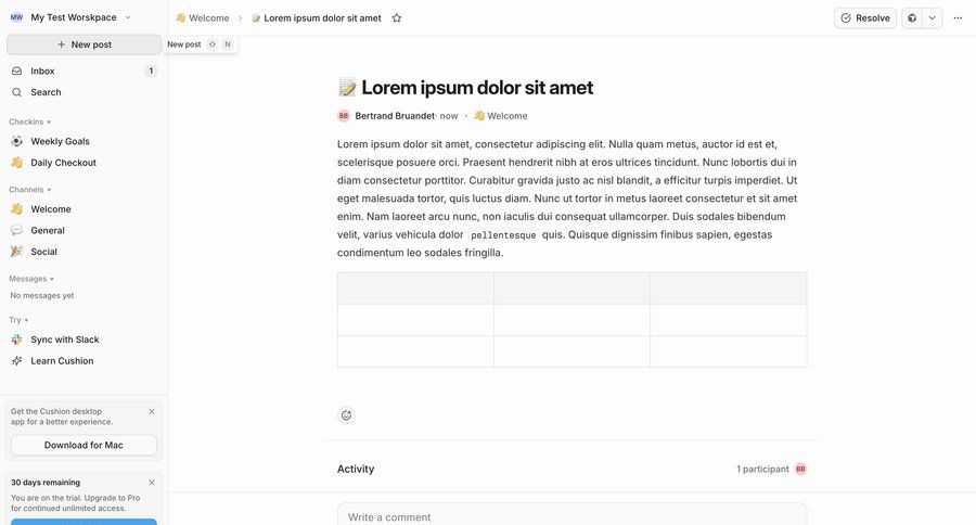 Cushion
			 collaboration project management onboarding document editing workspace management document sharing channel management trial banner hierarchical navigation sidebar communication integration modern table ui page example