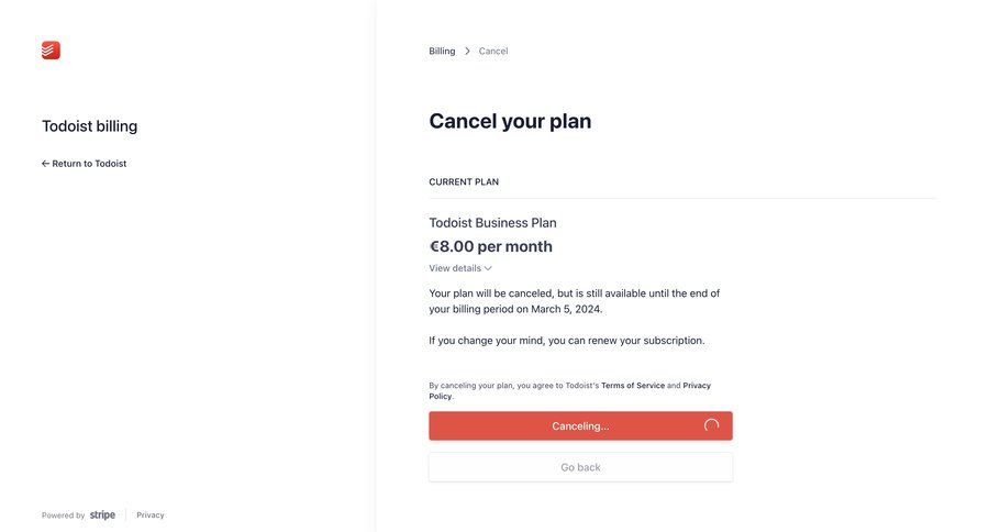 Todoist
			billing cancel subscription account management subscription management progress ui page example