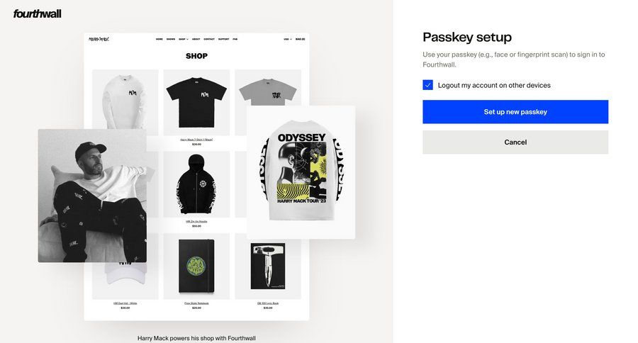 Fourthwall
			signup modal & popover multi-factor authentication (mfa) security settings e-commerce account management account setup account security account settings authentication security ui page example