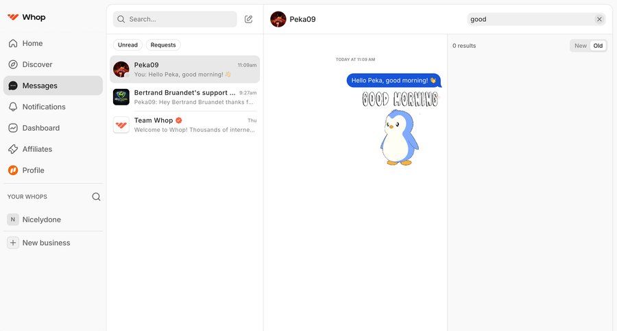 Whop
			 customer communication chat interface ui page example