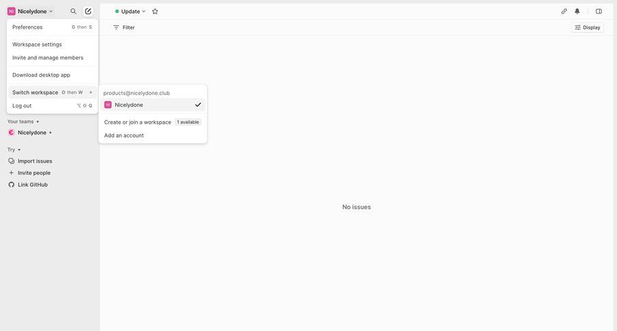Linear
			empty state dropdown & other states navigation task management team collaboration dashboard sidebar navigation project management account setup workspace management account settings project tracking issue tracking manage links free plan dropdown filters sidebar blank state void blank non-ideal state empty page prompt menu ui page example