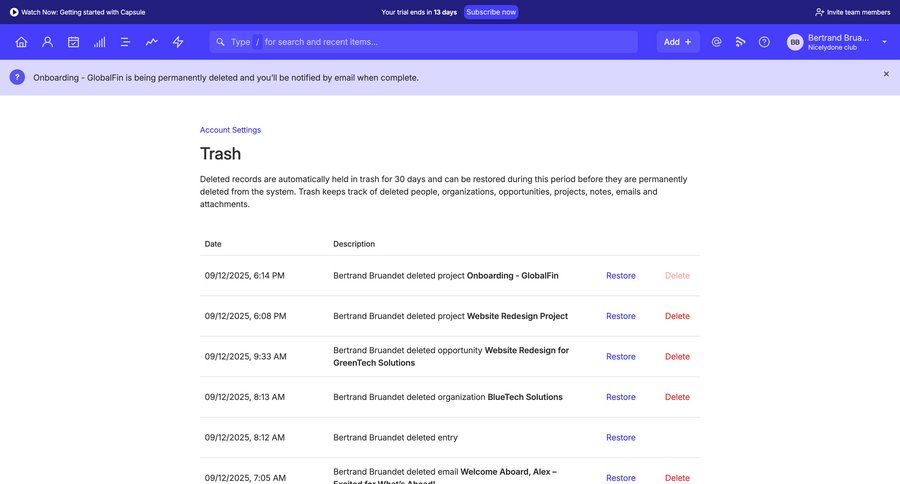 Capsule
			 data management delete account settings trial banner system notification table ui page example
