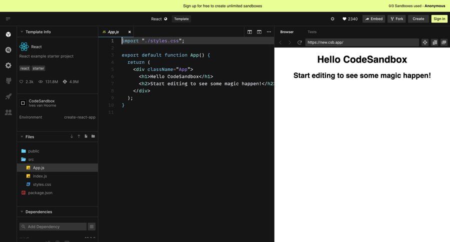 CodeSandbox
			 project management tree view split view dark theme preview panel code editing ui page example