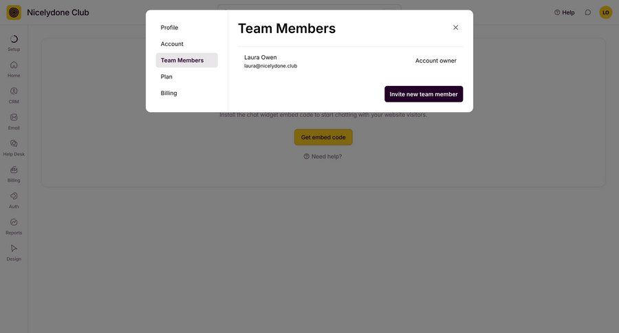 Outseta
			 settings sidebar navigation user management account setup menu configuration screen team management ui page example