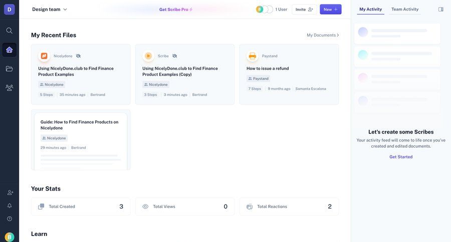 Scribe
			 modern grid sidebar onboarding content management project management dashboard file management sidebar navigation team workspace user activity content discovery knowledge base home ui page example