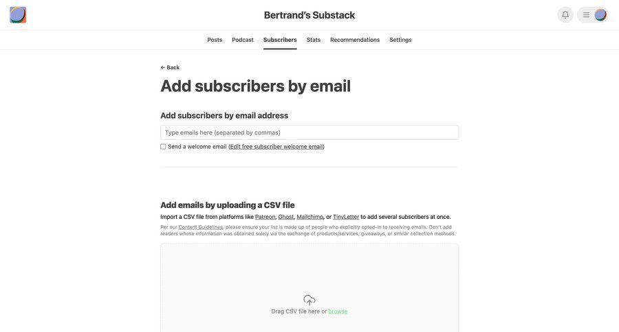 Substack
			 form account setup file upload audience management upload file ui page example