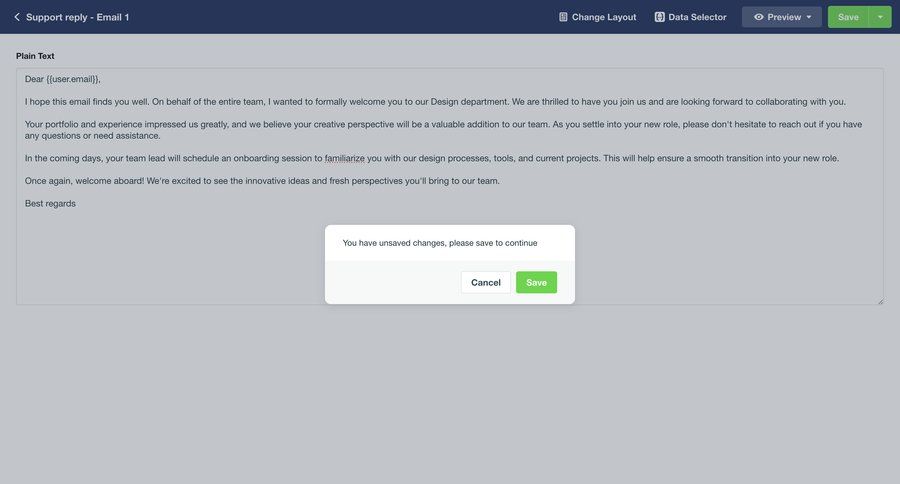 Vero
			 modal screen content management form editor confirmation email save changes video editor email confirmation cancel changes ui page example