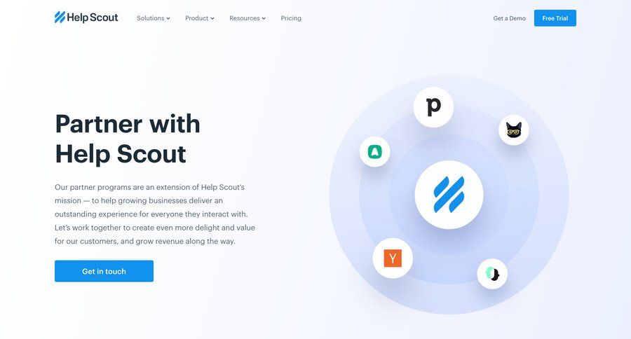 Help Scout
			 free tier partners world map experts b2b website ui page example