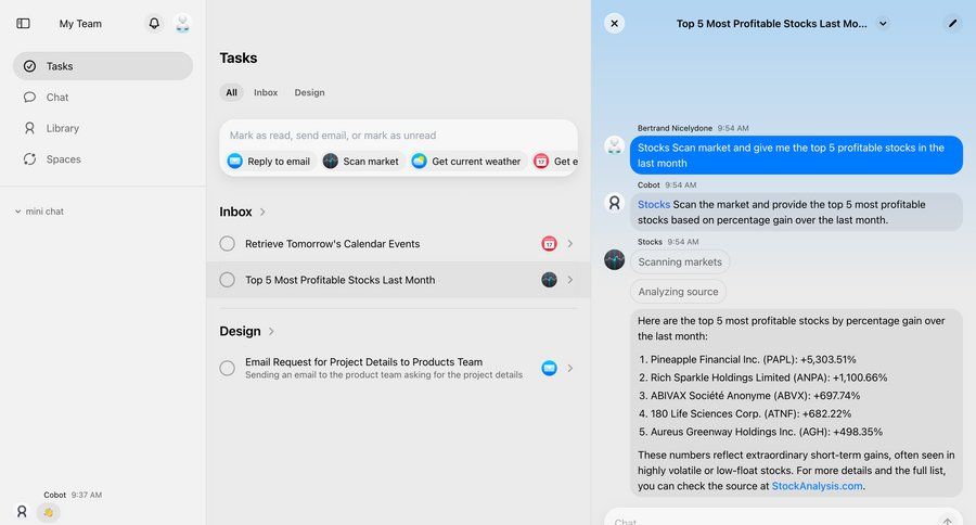 Cobot
			 task management sidebar navigation finance inbox communication chat chat interface ui page example