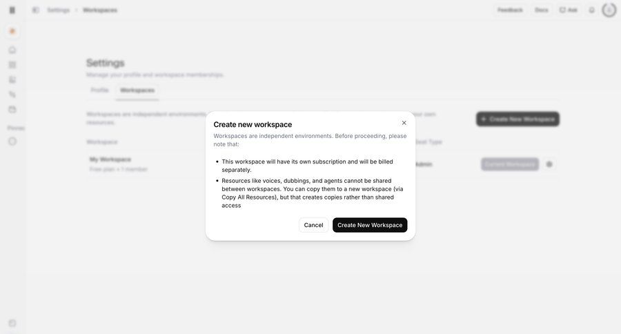 Elevenlabs
			 workspace management settings modal ui page example