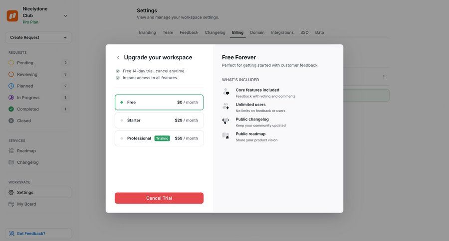 UserJot
			 account management cancel trial ui page example