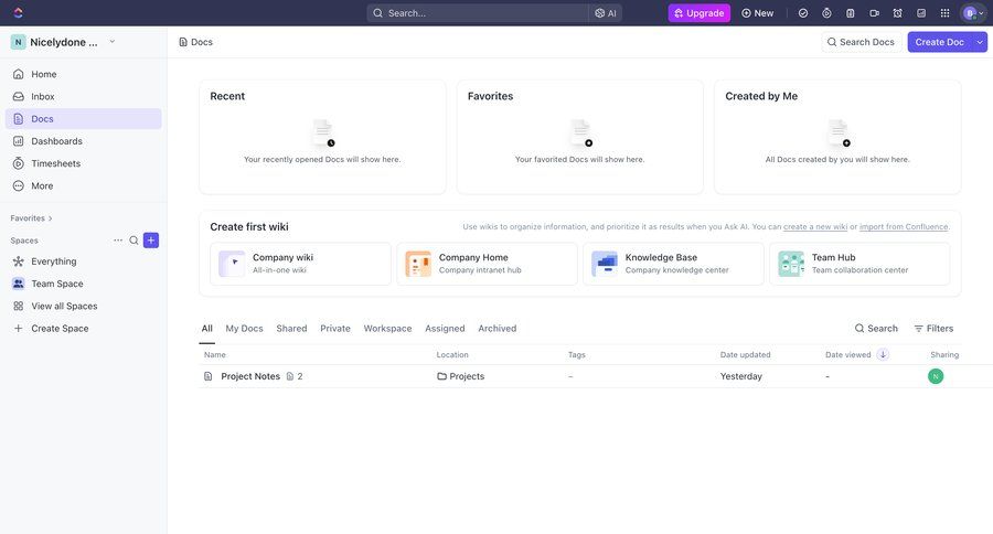 ClickUp
			 collaboration team collaboration dashboard sidebar navigation document management document sharing document creation knowledge management document list dropdown filters sidebar menu doc documentation docs modern table date filter ui page example