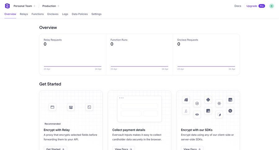 Evervault
			 dashboard onboarding dashboard overview personal space monitoring documentation quick actions cards ui version control payment processing ui page example