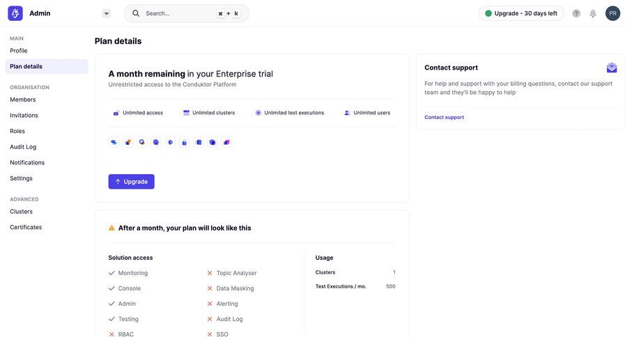 Conduktor
			 modern sidebar progress indicator access control sidebar navigation account management account settings subscription management paywall pay audit log enterprise trial ui page example