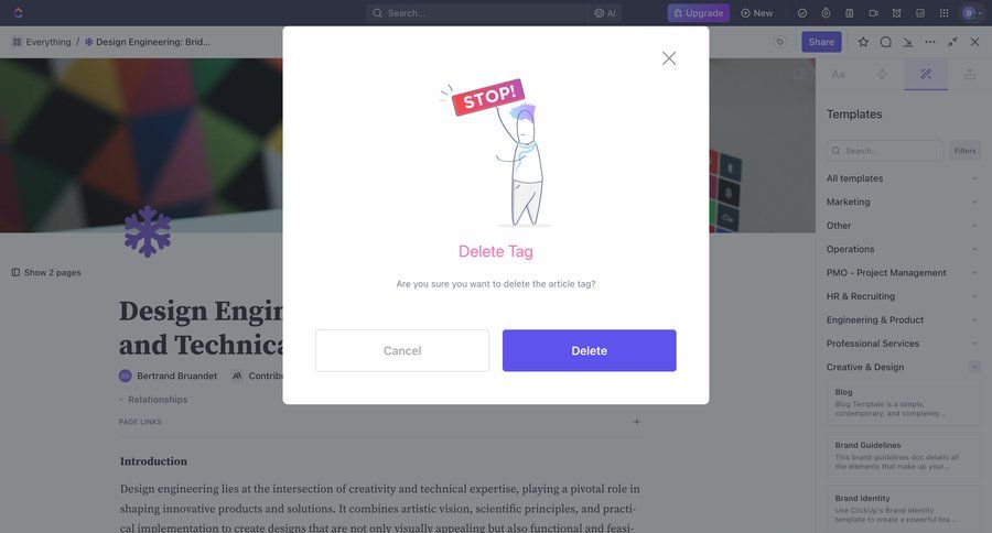 ClickUp
			 modal screen content management confirmation confirmation screen tagging cancel deletion tag management upgrade modal confirmation message ui page example