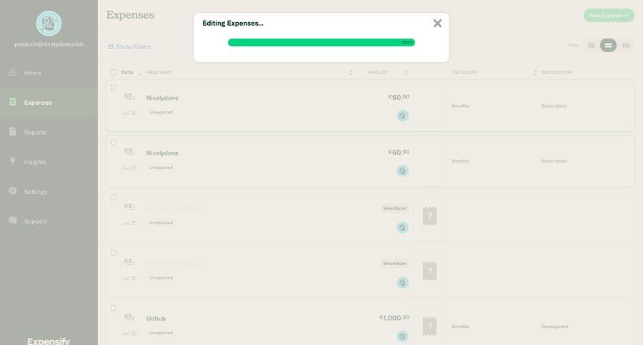 Expensify
			 sidebar navigation finance progress indicator expense management modal finance sidebar progress loading loader progress bar table date filter ui page example