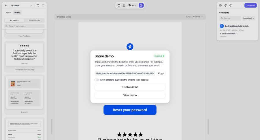 Tabular
			share modal & popover demo sharing design form collaboration feedback collection editor ui page example