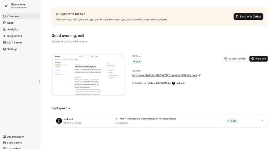 Documentation.AI
			 settings dashboard sidebar navigation project management call to action sidebar chat navigation bar monitoring documentation modern version control analytics ui page example