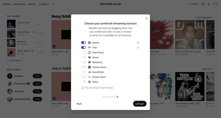 Record club
			 configuration settings onboarding drag and drop instructions preferences parameters ui page example