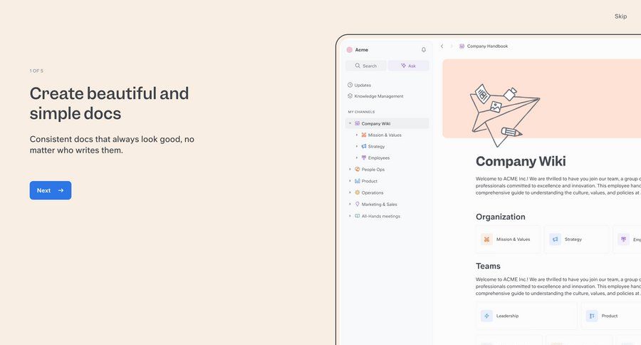 Slite
			onboarding product tour onboarding content hierarchy knowledge management menu documentation ui page example