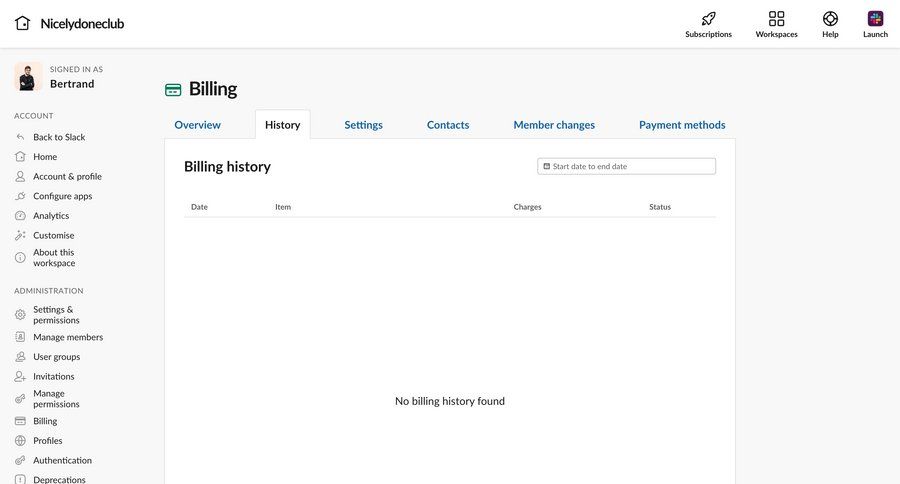 Slack
			 sidebar navigation account management account settings table headers payment method payment history billing history dropdown filters sidebar records table date filter chatbot pagination ui page example