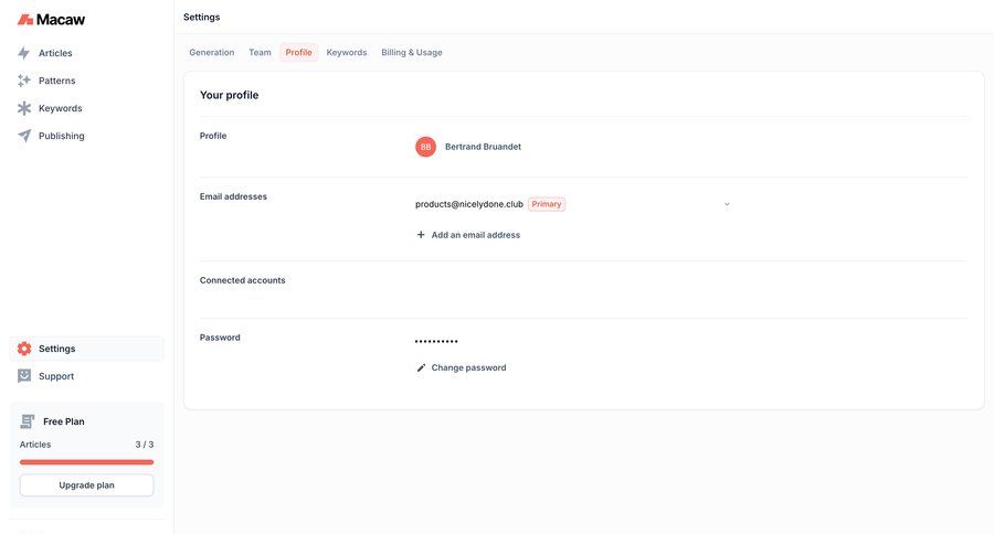 Macaw
			 settings sidebar navigation account management form user settings account settings email management profile management password management free plan sidebar user profile user change password user termination ui page example