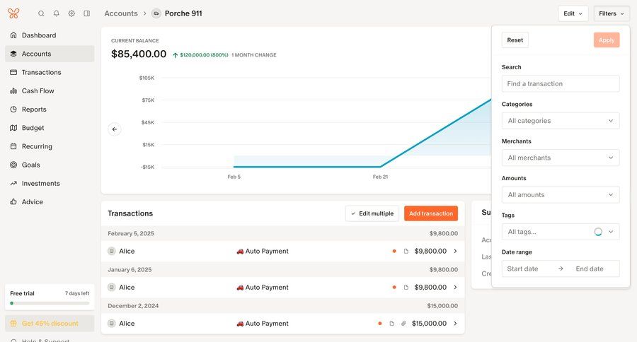 Monarch
			 account management finance sidebar lists table search bar transaction history controls ui page example