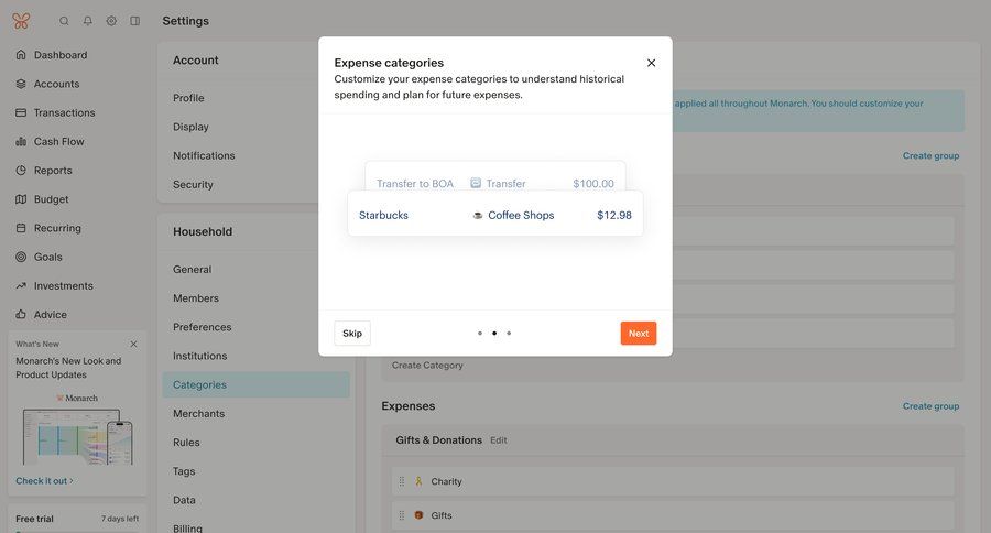Monarch
			 configuration settings grid onboarding form finance full screen modal wizard parameters product update ui page example