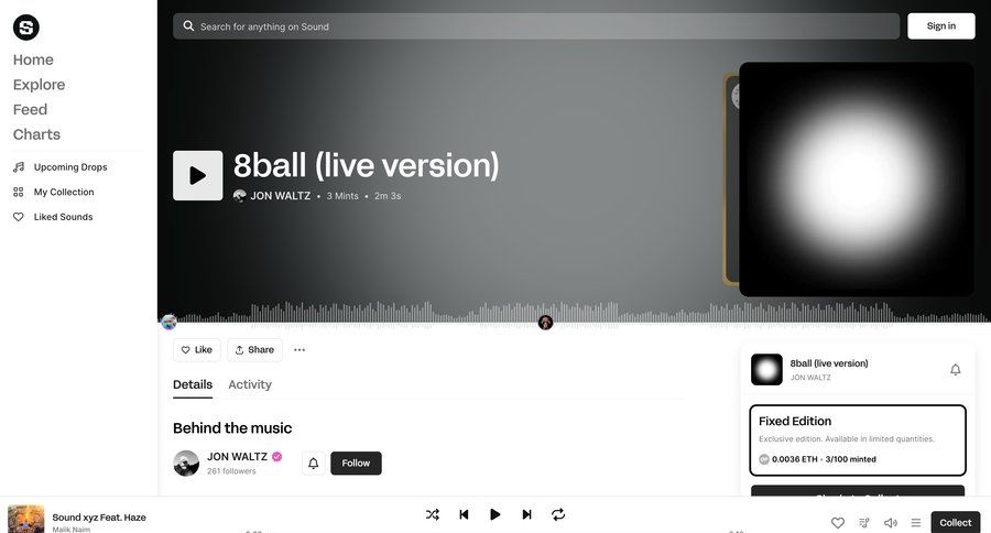 Sound.xyz
			detail page player e-commerce sidebar navigation content discovery sidebar user profile menu assets progress bar media player ui page example