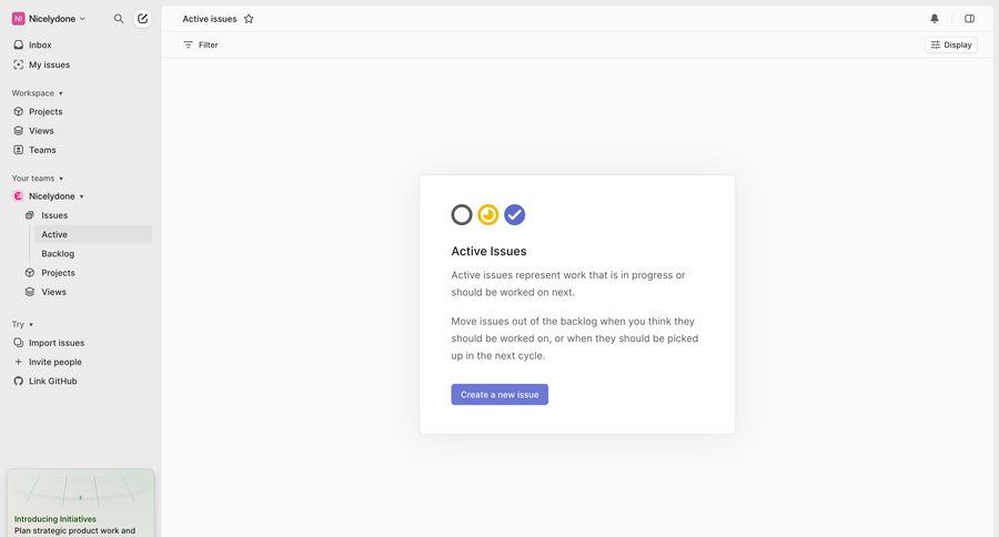 Linear
			 task management dashboard sidebar navigation project management workflow project tracking issue tracking sidebar blank state void blank non-ideal state empty page prompt task management dashboard ui page example