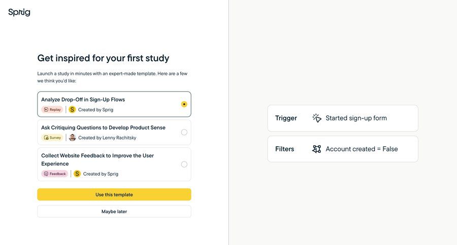 Sprig
			 user research template library template selection insight create generate ui page example