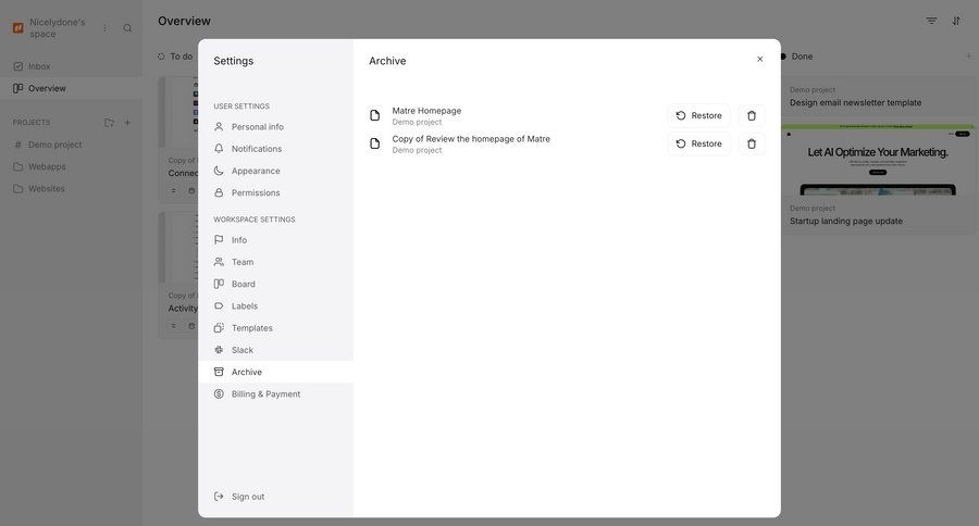 Workflow
			settings trash & archive settings delete user settings workspace settings ui page example