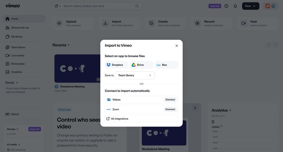 Vimeo
			import modal & popover modal screen content management onboarding import file integration ui page example
