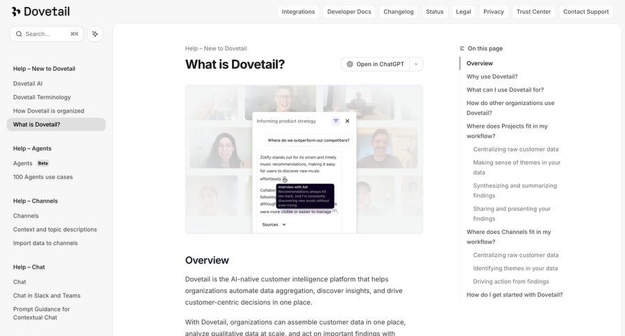 Dovetail
			 knowledge base article documentation ui page example